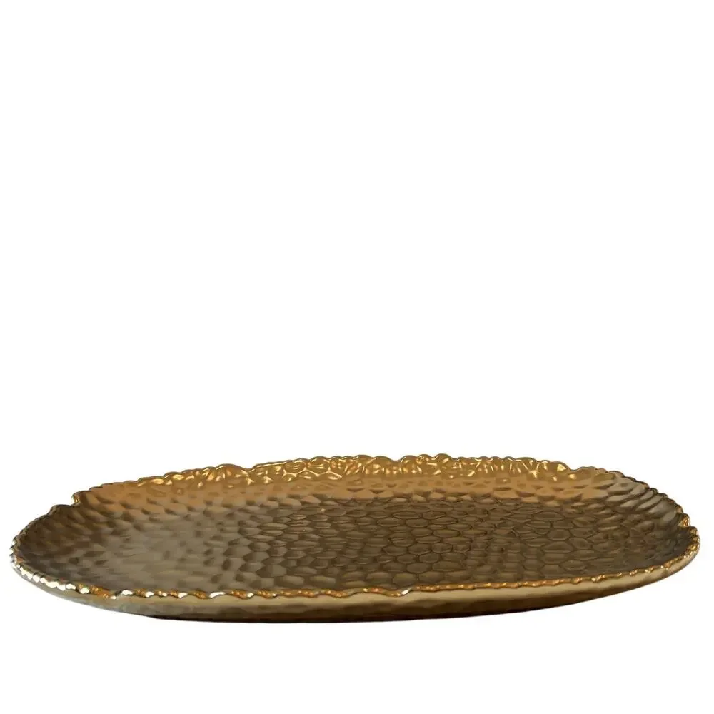 Hammered Matte Gold Serving Platter 11x7 Ceramic Scalloped Holiday Glam NEW